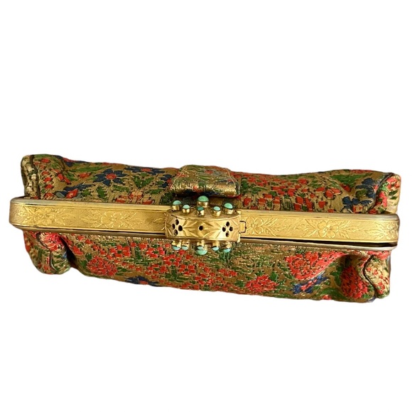 Vintage Floral Tapestry Clutch Bag Gemstone Closure with Original Compact Mirror - Picture 6 of 15